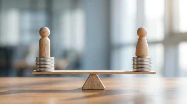 Equal compensation in the workplace illustrated by wooden figures and coins on balanced scales for financial equality.