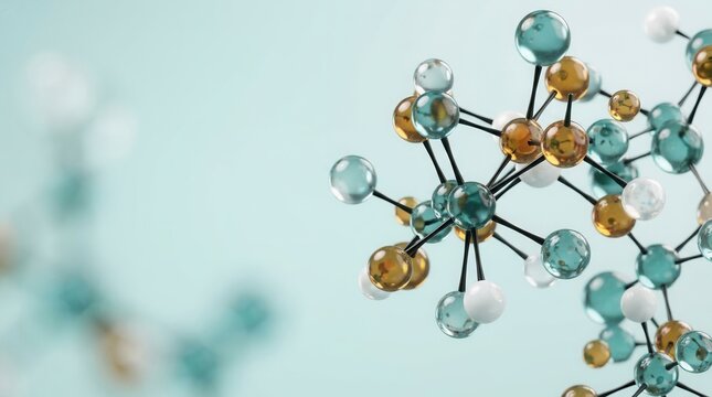 Detailed science illustration of an abstract molecular structure with black chemical bonds and bright colored spheres representing atoms for biotech and data.
