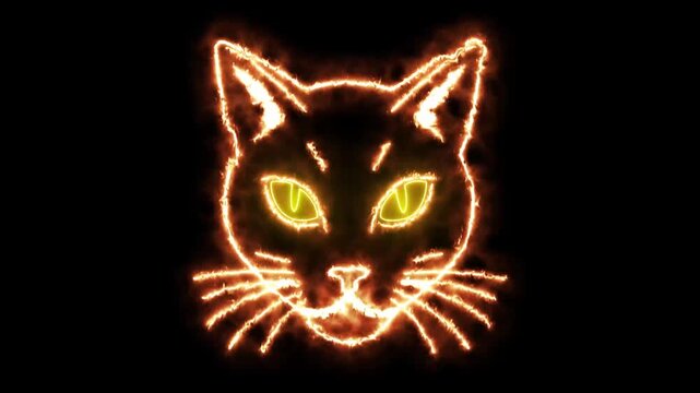 Fiery glowing cat head silhouette with neon eyes, abstract burning feline face animation, mystical animal spirit energy effect on black background