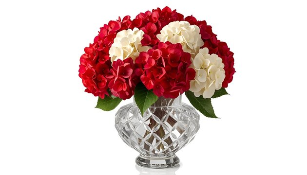 Bouquet of mixed red and white hydrangea flowers in a patterned glass vase with hydrangea