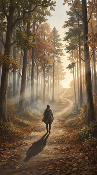 Vertical illustration of a lone figure walking down a forest path towards the light. Visual metaphor for loneliness, recovery and the journey to emotional wellbeing
