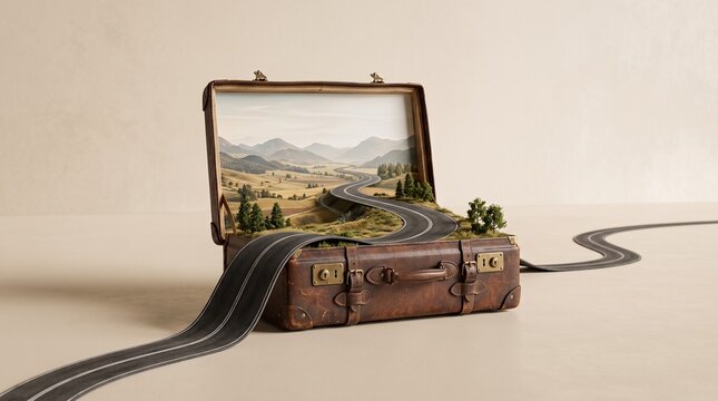 Surreal landscape with a winding road through green hills emerging from an open vintage leather suitcase
