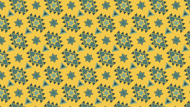 Ethnic Geometric Seamless Pattern with Teal Stars on Yellow