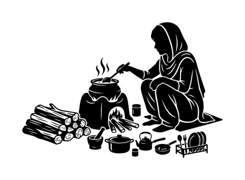 Traditional cook preparing meal over open pot with wooden utensils and fuel silhouette black and white cooking scene