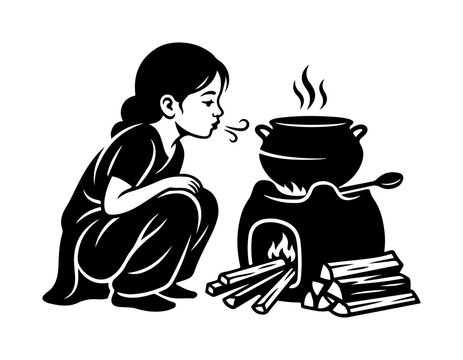 Traditional woman stirring clay pot over open fire with wooden ladle, black and white black and white traditional cooking