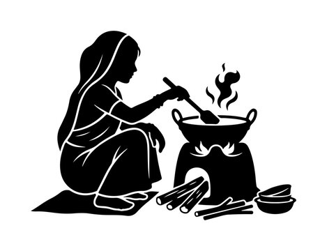 Traditional cook preparing meal over open fire with utensils and ingredients silhouette cooking traditional cooking