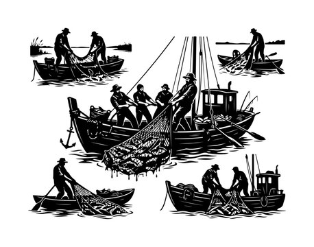 Traditional wooden boats with fishermen hauling large nets in a coastal scene, black-and-white black and white wooden boats