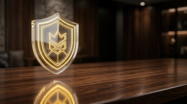 Glowing transparent shield emblem on polished wooden desk in a modern office setting