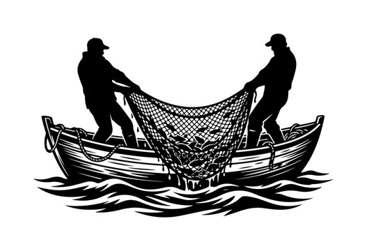 Two fishermen in wide-brimmed hats working together to lift a massive fishing net from a traditional wooden boat
