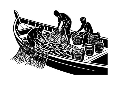 Two fishermen working together to mend a fishing net on a wooden boat, black-and-white black and white fishermen mending net