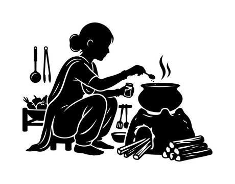 Woman cooking over an open fire with traditional clay pots and wooden utensils in rustic kitchen setting