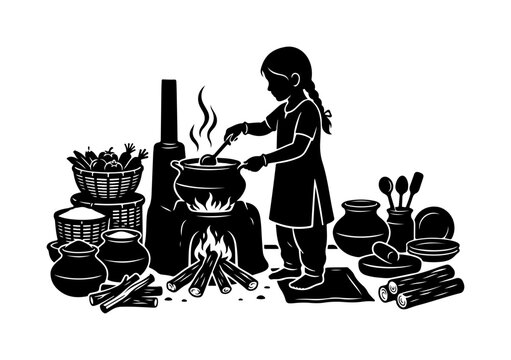 Woman preparing food in traditional kitchen with clay pots, utensils, and fire, black and white black and white traditional kitchen