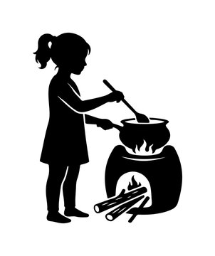 Woman stirring clay pot over fire with wooden ladle, traditional cooking scene in black and white black and white traditional cooking