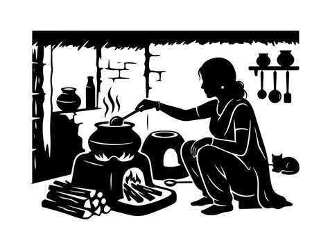 Woman stirring clay pots over an open fire in a thatched-roof hut with traditional cooking utensils black and white woman cooking