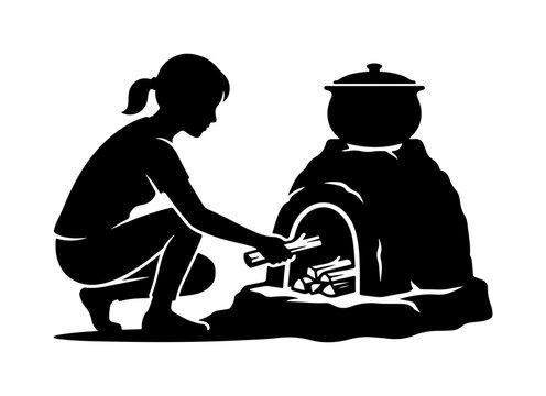 Woman tending to traditional clay pot over fire with wooden ladle, black and white silhouette black and white woman tending clay pot