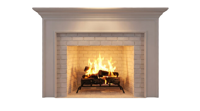 Classic white fireplace mantel with burning logs isolated on transparent background