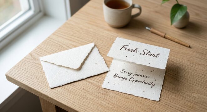 Handmade paper stationery with inspirational quotes and tea on a wooden desk