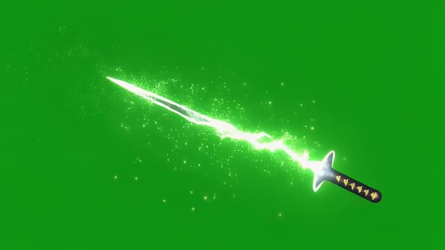 Energy Sword swings with green lightning effects on green screen background for visual effects and gaming