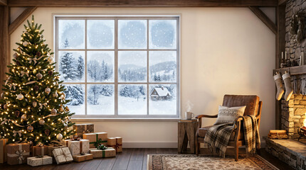 Fototapeta premium Cozy living room with christmas tree and snowy mountain view from window