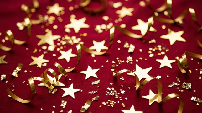Golden Stars and Ribbons on Maroon Background for Celebration and Festivity Decoration