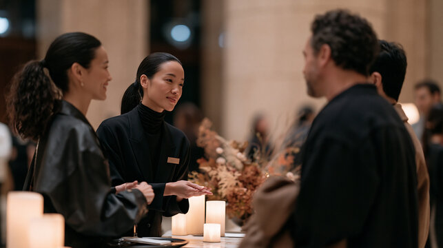 A hotel customer greeter and a newly arrived couple share a warm candlelit lobby moment, the atmospheric glow of evening entrance lighting illuminating their genuine welcoming