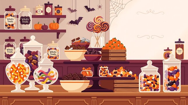 Cozy Halloween candy shop interior with shelves filled with treats pumpkins and decorations
