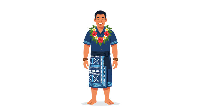 Samoan man in traditional lava-lava and floral lei.