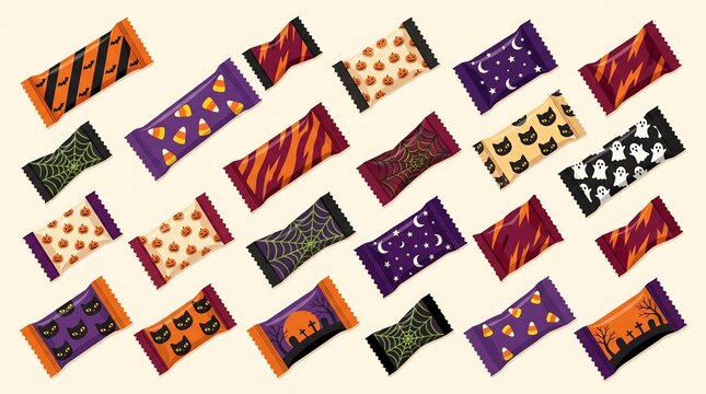 Halloween candy wrappers and chocolates arrangement on white background seamless pattern
