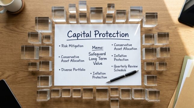 Capital Protection Strategy Document Surrounded by Clear Acrylic Cubes