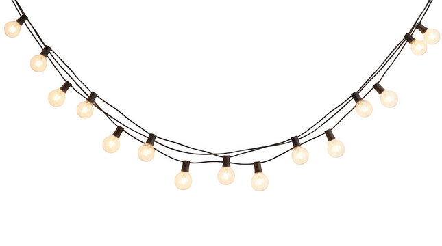 String of glowing light bulbs hanging in a curve isolated on transparent background