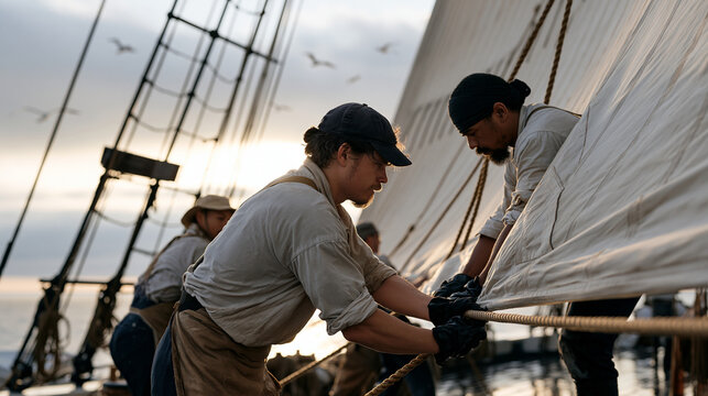 A diverse rigging crew works the lines of a tall ship under an ink washed overcast dramatic sky, crew members of varying nationalities hauling sail across wet deck planking while