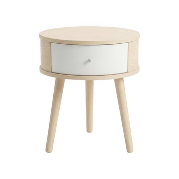 Modern round wooden bedside table with a white drawer isolated on transparent background