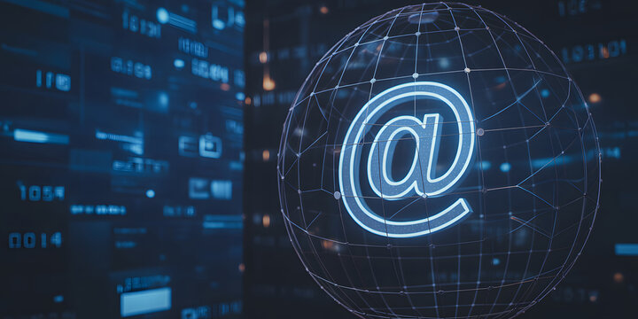 Global communication concept with glowing neon blue email at symbol inside digital sphere.