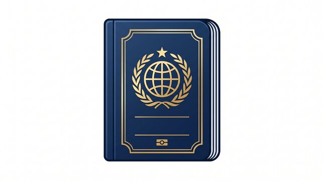 Navy Blue Passport Template With Gold Embossed Emblem And Global Map Icon. Dark Blue Travel Document Cover Design For International Journey.