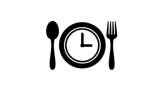 Black clock icon with spoon and fork for meal time