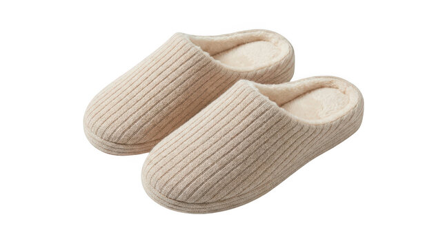 Pair of cozy beige knit slippers with soft fleece lining isolated on transparent background