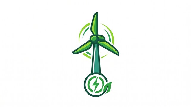 Green wind turbine logo design with lightning bolt and leaf icon. Renewable energy symbol. Eco-friendly vector illustration for clean power, nature, environmental protection
