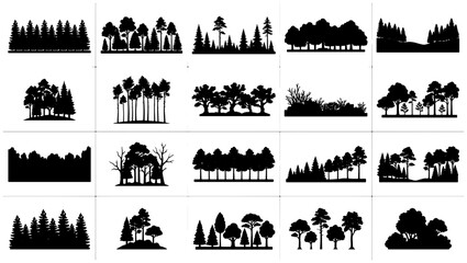 Fototapeta premium Set of black forest silhouettes featuring various tree types and woodland landscapes in vector graphic style