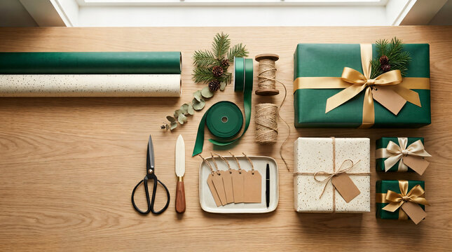 Flat lay of christmas gift wrapping supplies on wooden table with christmas