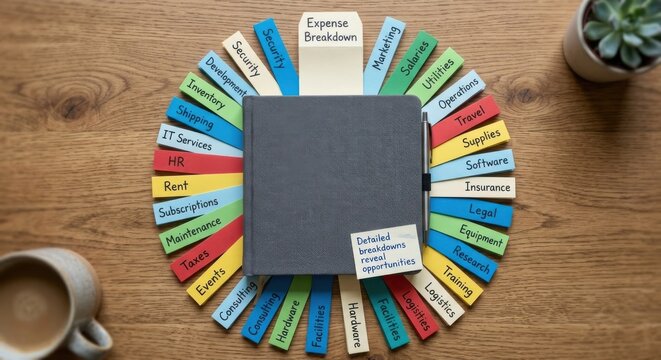 Circular Arrangement of Business Document Tabs Around a Notebook for Planning and Organization