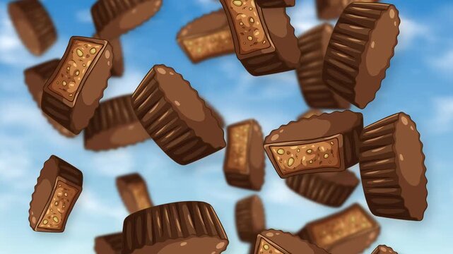 Animated Chocolate Peanut Butter Cups Falling Against a Blue Sky