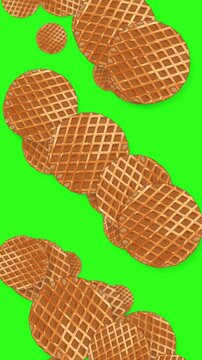 Falling Round Waffle Cookies Animation on Green Screen Background