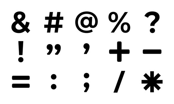 Set of various black punctuation marks and mathematical symbols isolated on a white background