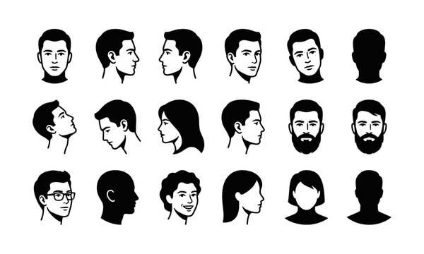 Set of diverse human head silhouettes showing different angles and facial expressions for graphic design