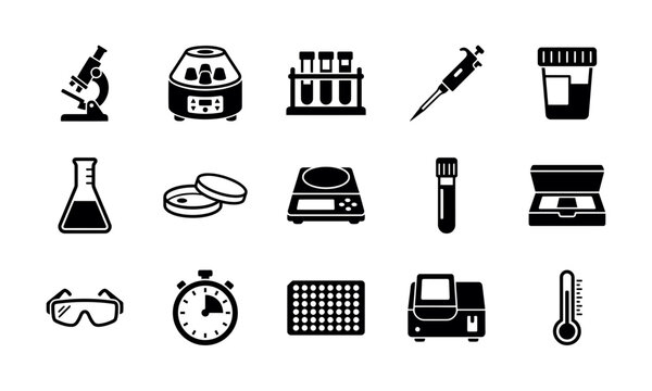 Set of black silhouette icons representing various laboratory equipment and scientific research medical tools