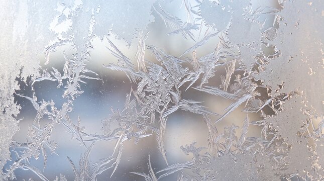 Frost patterns on window glass, icy winter crystal texture, frozen white snowflake formations on cold surface