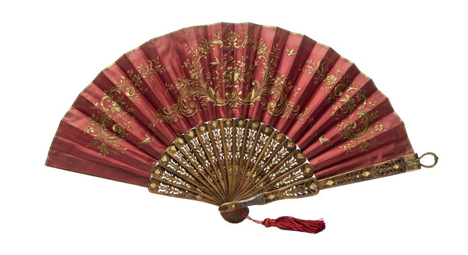Ornate red silk folding hand fan with gold decoration