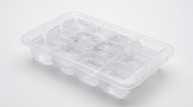 Single transparent ice cube tray with several partially frozen cubes, isolated on white background,