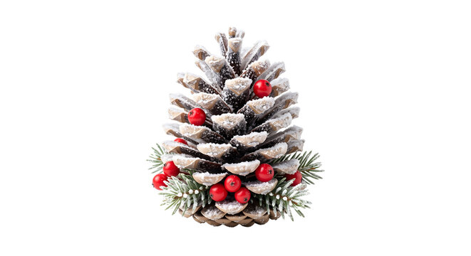 Snow-covered pine cone decorated with red berries and fir