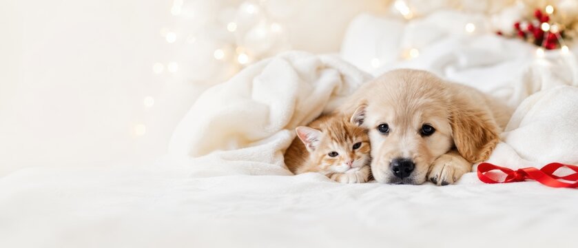golden retriever puppy and orange tabby kitten resting together under a white blanket beside red ribbon and warm festive lights